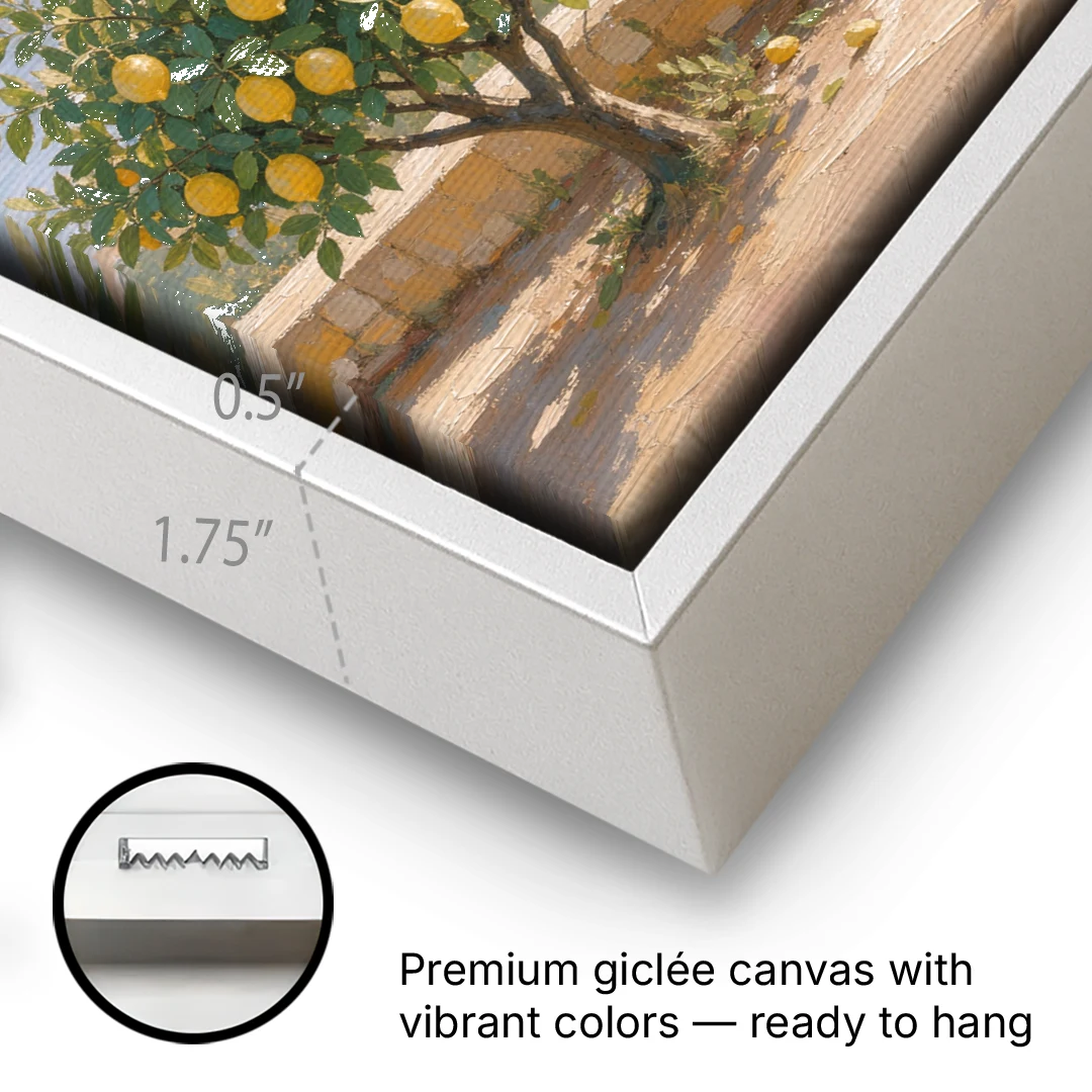 Mediterranean Lemon Tree Terrace by the Sea - White Framed Canvas Wall Art - Gallery Wrap Corner