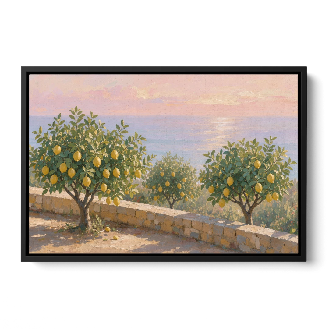 Mediterranean Lemon Tree Terrace by the Sea - Black Framed Canvas Wall Art - Front