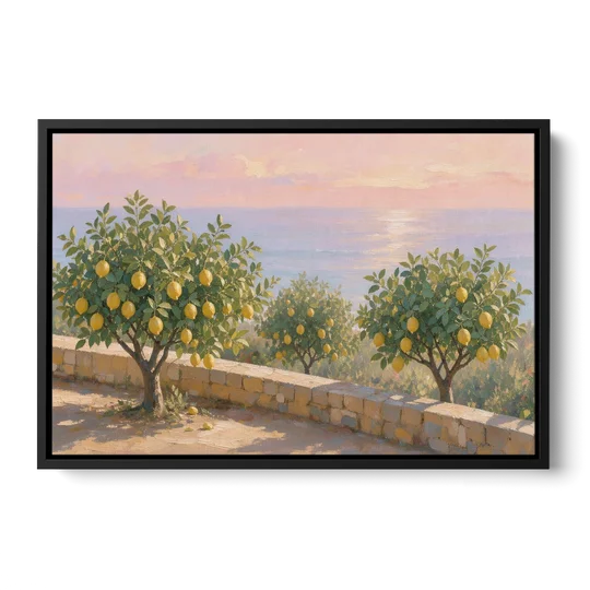 Mediterranean Lemon Tree Terrace by the Sea - Black Framed Canvas Wall Art - Front