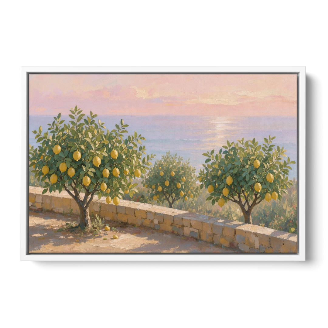 Mediterranean Lemon Tree Terrace by the Sea - White Framed Canvas Wall Art - Front