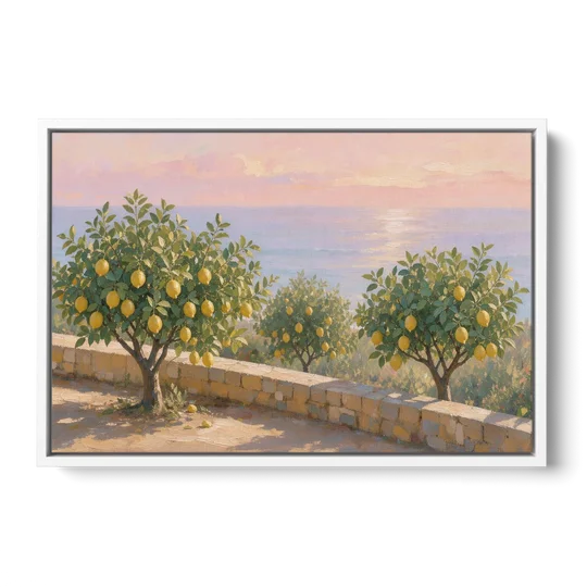 Mediterranean Lemon Tree Terrace by the Sea - White Framed Canvas Wall Art - Front