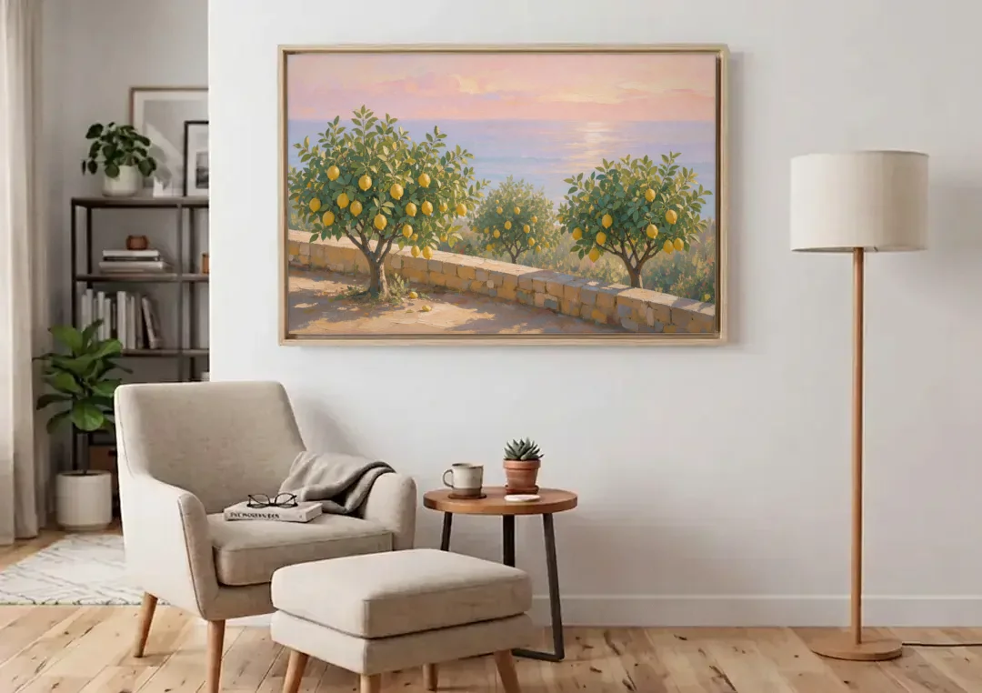 Mediterranean Lemon Tree Terrace by the Sea canvas wall art above an armchair in a bright living room
