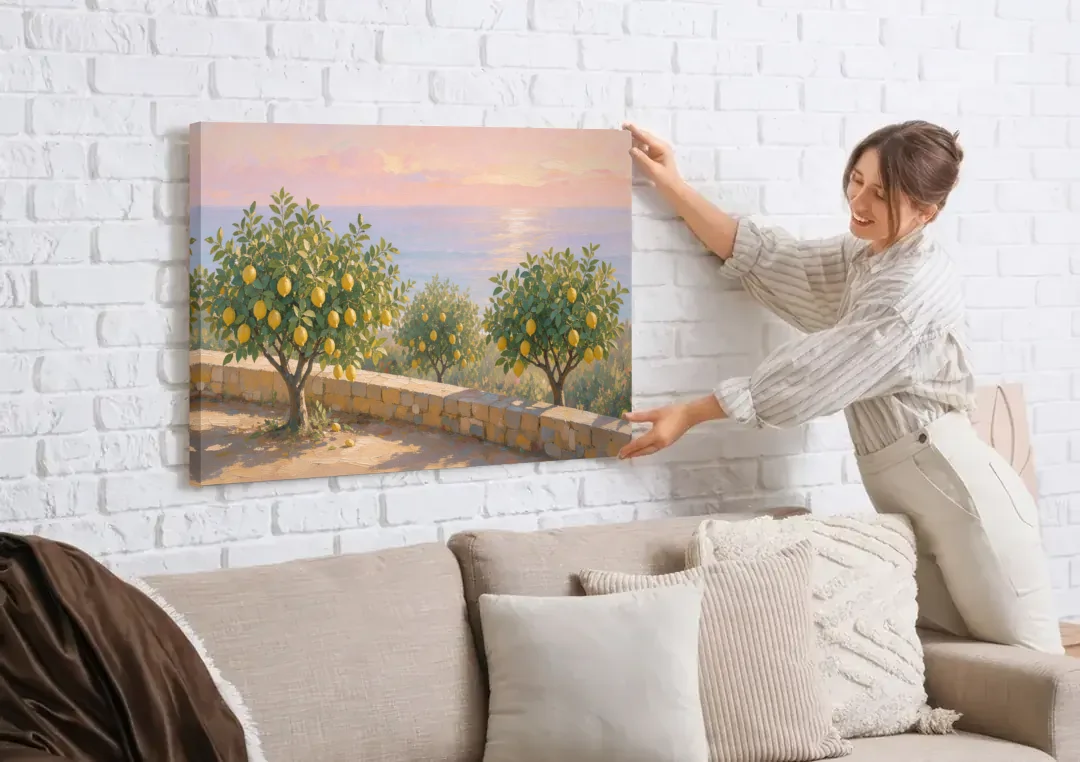 Mediterranean Lemon Tree Terrace by the Sea canvas wall art being hung on a white brick wall above a sofa