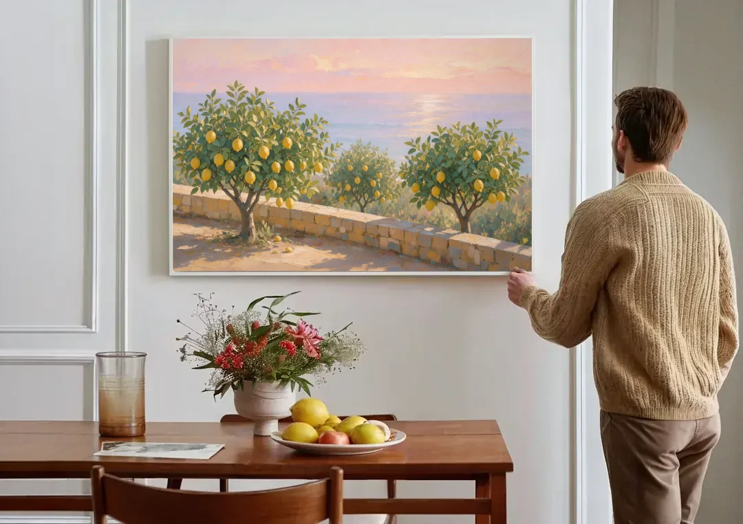 Mediterranean Lemon Tree Terrace by the Sea canvas wall art above a dining table
