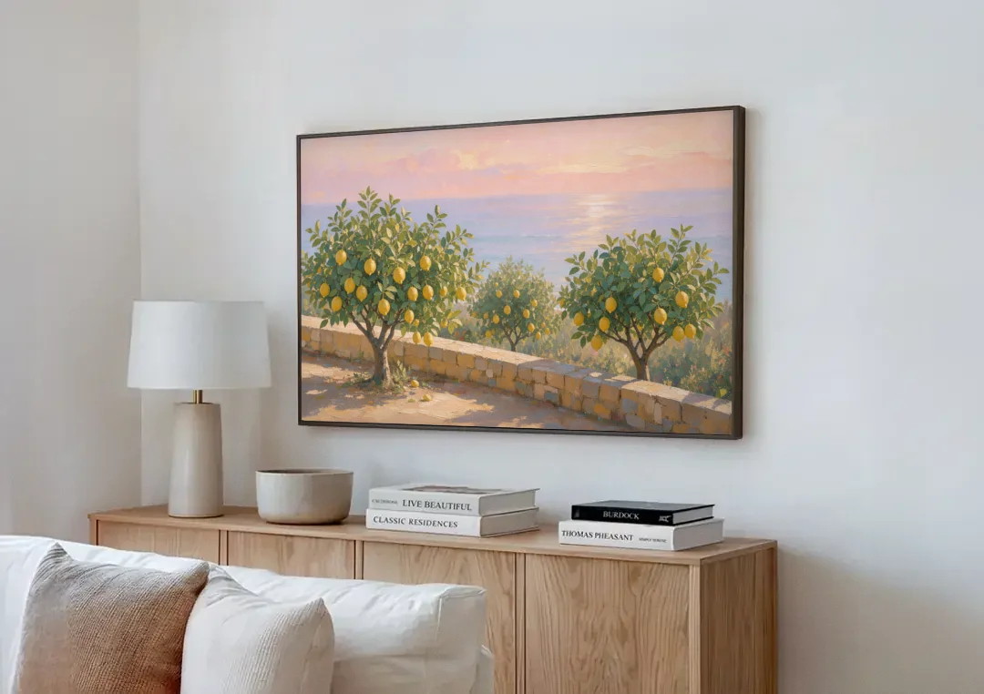 Mediterranean Lemon Tree Terrace by the Sea canvas wall art above a wooden sideboard next to a sofa