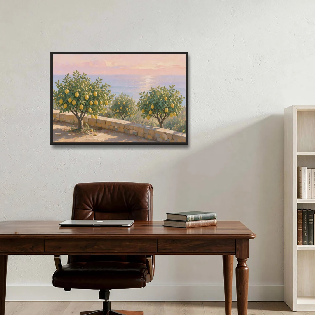 Mediterranean Lemon Tree Terrace by the Sea - Black Framed Canvas Wall Art - Office - 36x24