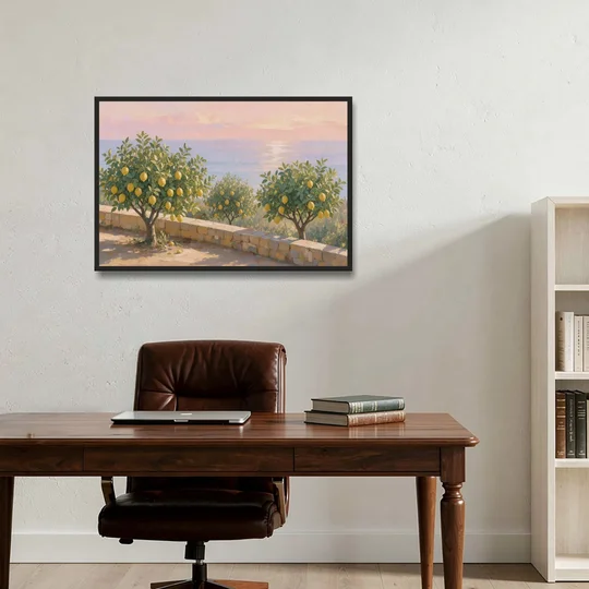 Mediterranean Lemon Tree Terrace by the Sea - Black Framed Canvas Wall Art - Office - 36x24