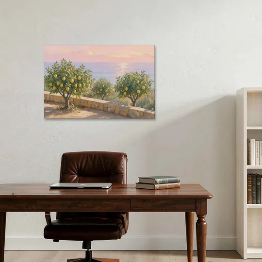 Mediterranean Lemon Tree Terrace by the Sea - Canvas Wall Art - Office - 36x24
