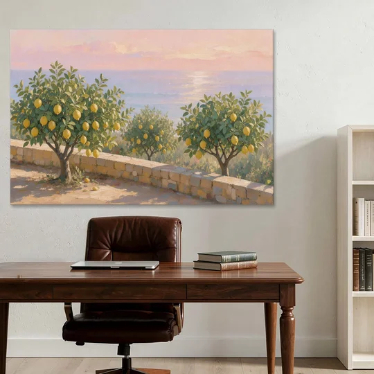 Mediterranean Lemon Tree Terrace by the Sea - Canvas Wall Art - Office - 60x40