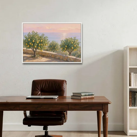 Mediterranean Lemon Tree Terrace by the Sea - White Framed Canvas Wall Art - Office - 36x24