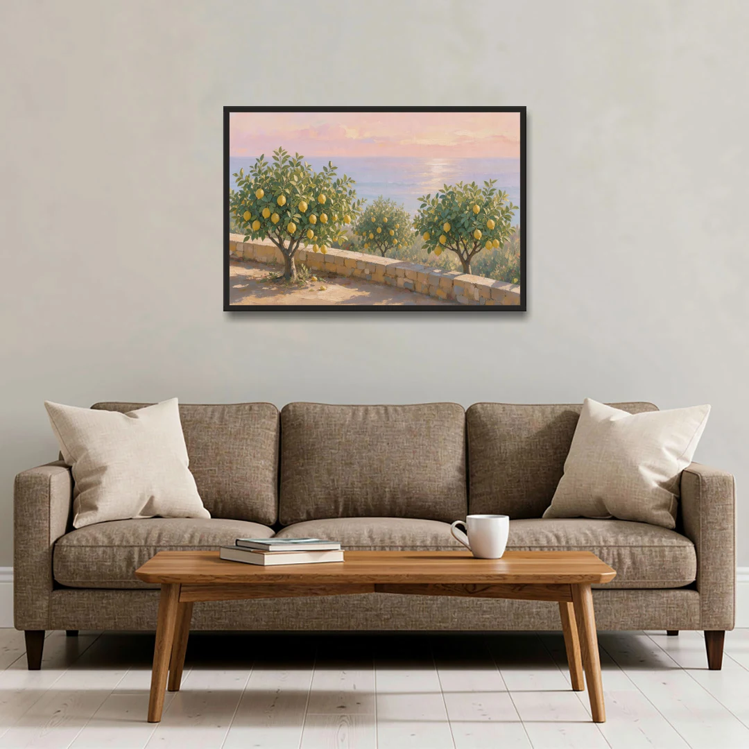 Mediterranean Lemon Tree Terrace by the Sea - Black Framed Canvas Wall Art - Sofa - 36x24