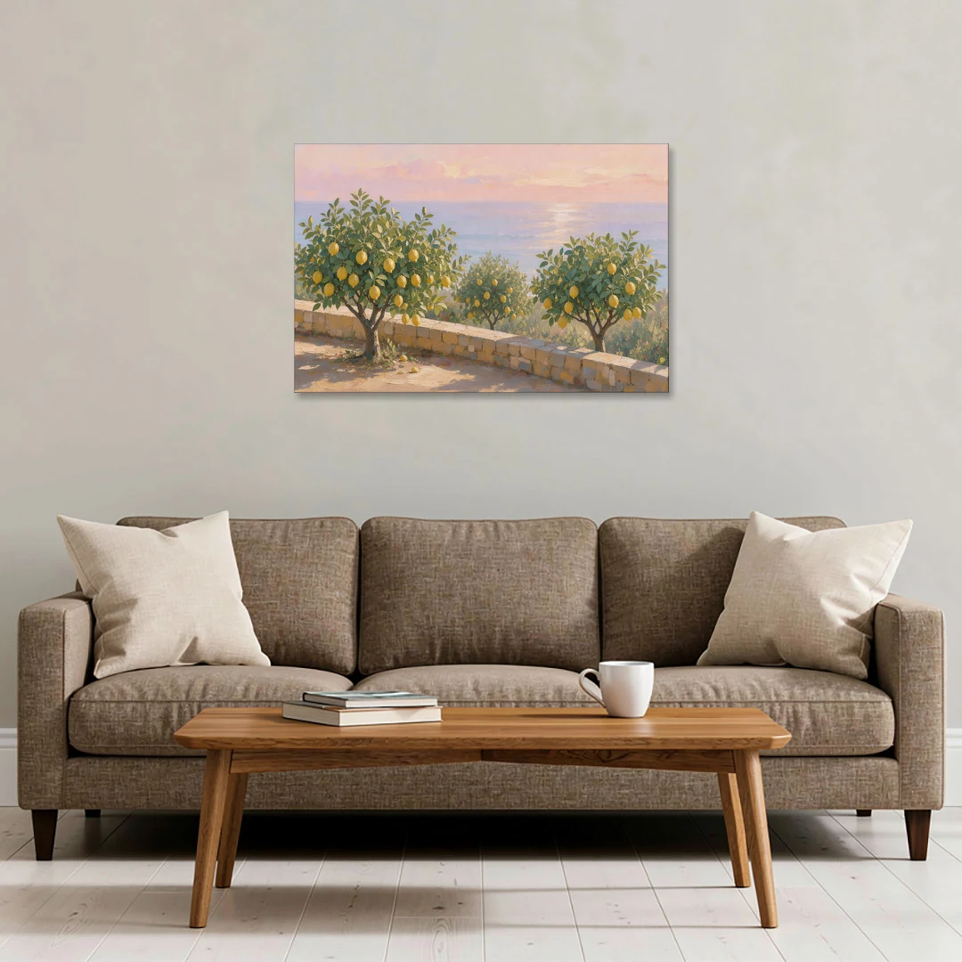 Mediterranean Lemon Tree Terrace by the Sea - Canvas Wall Art - Sofa - 36x24