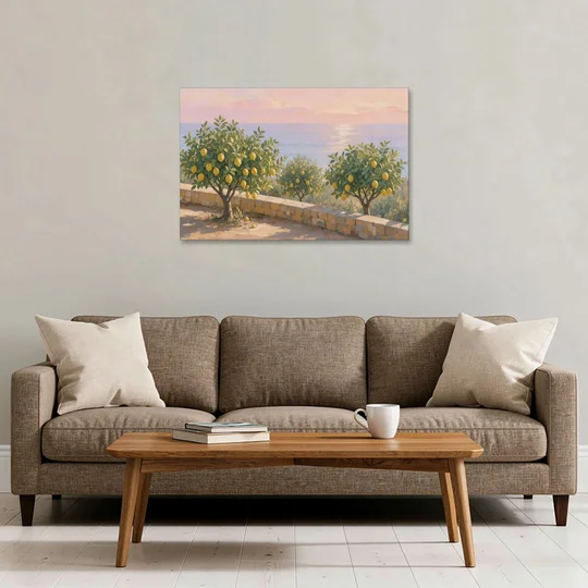 Mediterranean Lemon Tree Terrace by the Sea - Canvas Wall Art - Sofa - 36x24