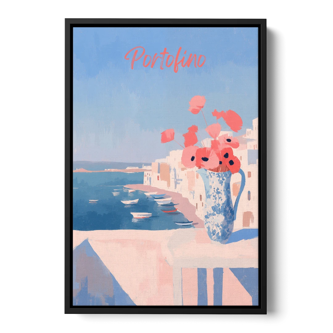 Mediterranean Painting of Poppies in Portofino - Black Framed Canvas Wall Art - Front