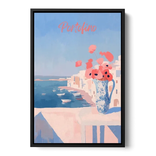 Mediterranean Painting of Poppies in Portofino - Black Framed Canvas Wall Art - Front