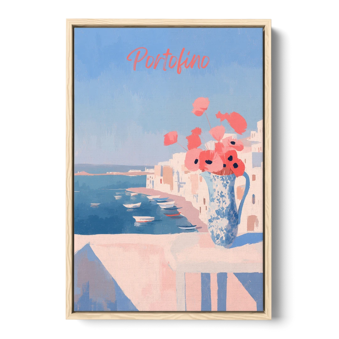 Mediterranean Painting of Poppies in Portofino - Oak Framed Canvas Wall Art - Front