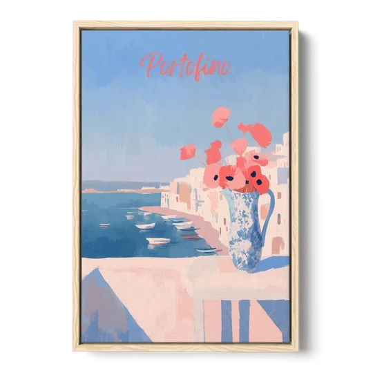 Mediterranean Painting of Poppies in Portofino - Oak Framed Canvas Wall Art - Front