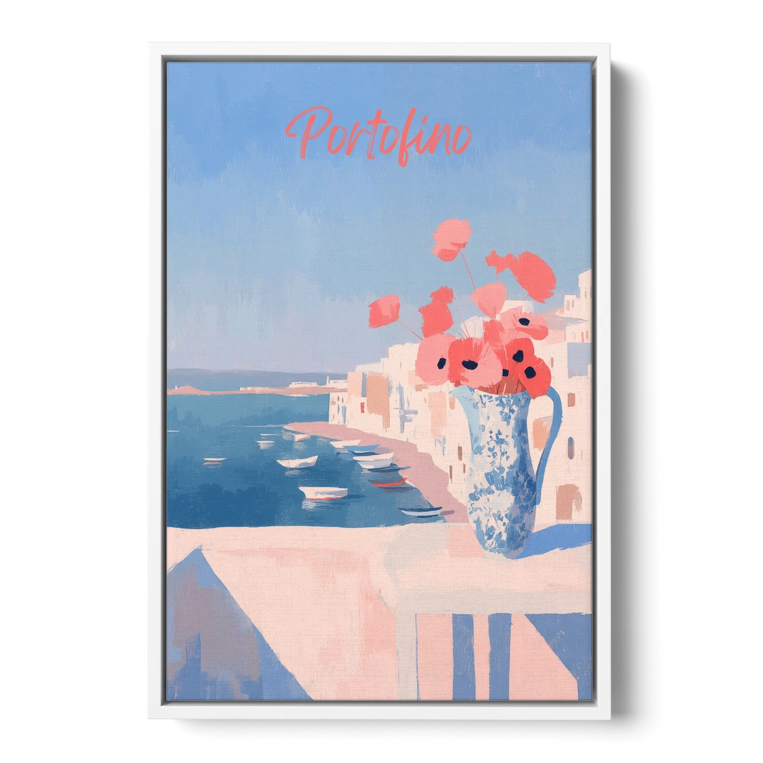 Mediterranean Painting of Poppies in Portofino - White Framed Canvas Wall Art - Front
