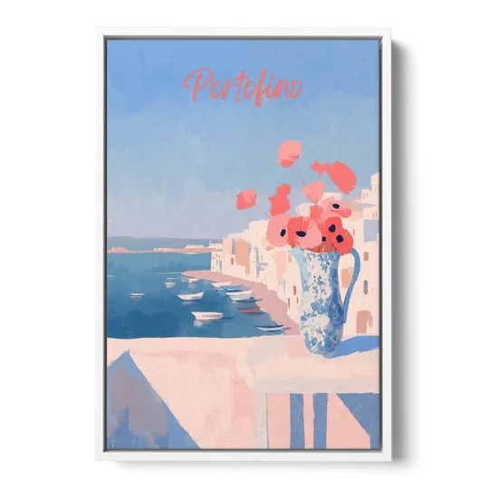 Mediterranean Painting of Poppies in Portofino - White Framed Canvas Wall Art - Front