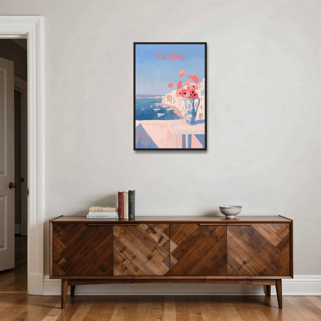 Mediterranean Painting of Poppies in Portofino - Black Framed Canvas Wall Art - Coffee Table - 24x36