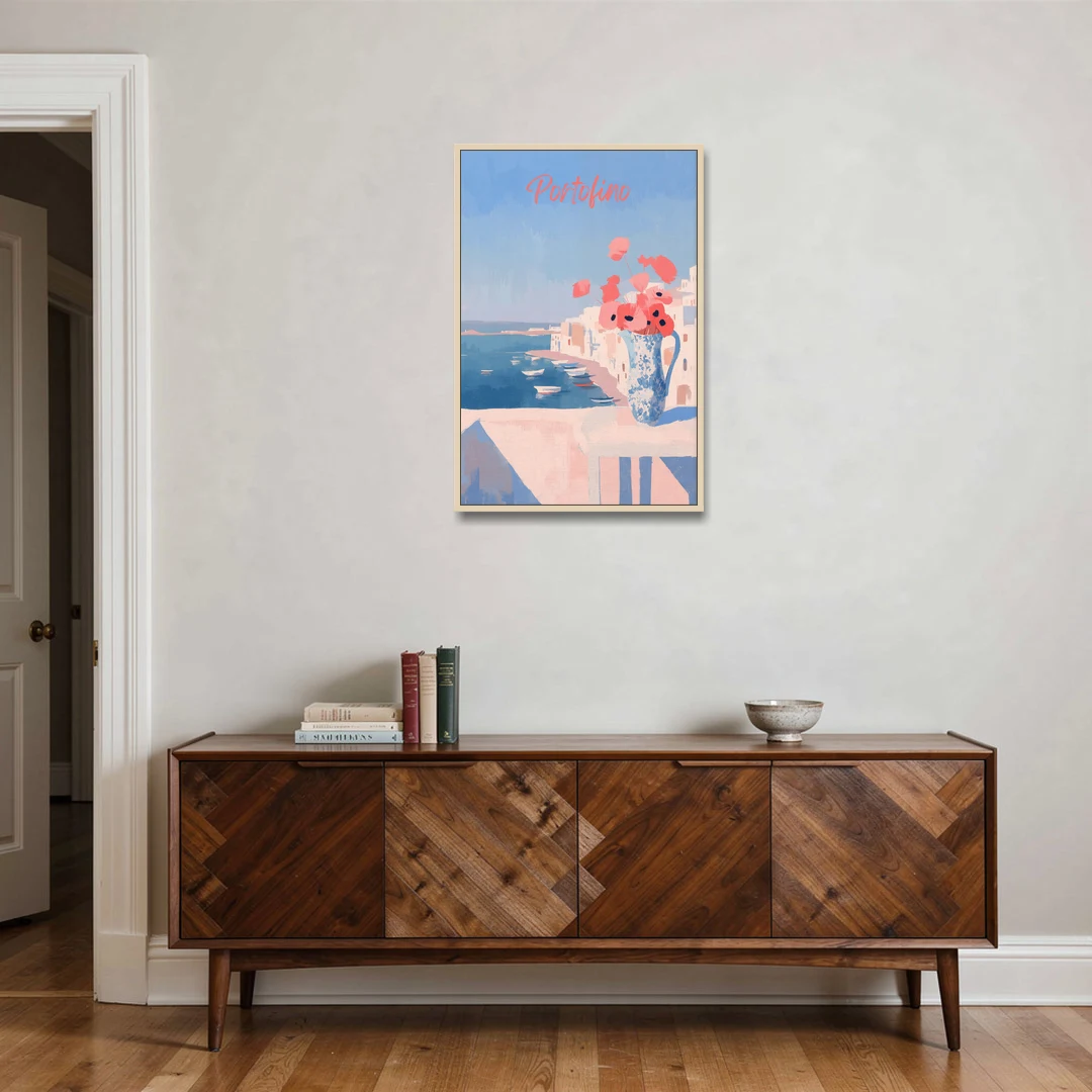 Mediterranean Painting of Poppies in Portofino - Oak Framed Canvas Wall Art - Coffee Table - 24x36