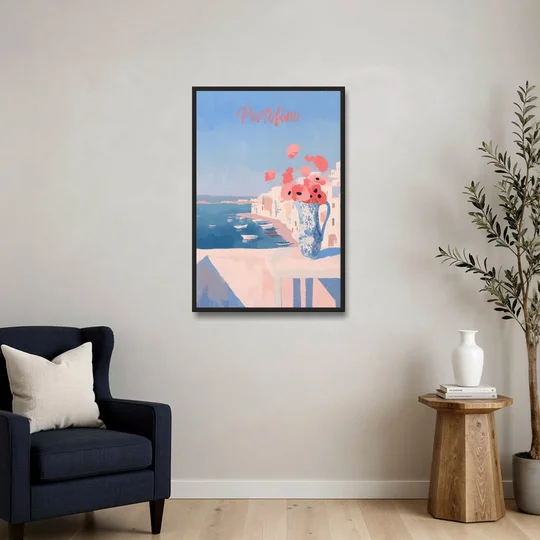 Mediterranean Painting of Poppies in Portofino - Black Framed Canvas Wall Art - Sofa - 24x36