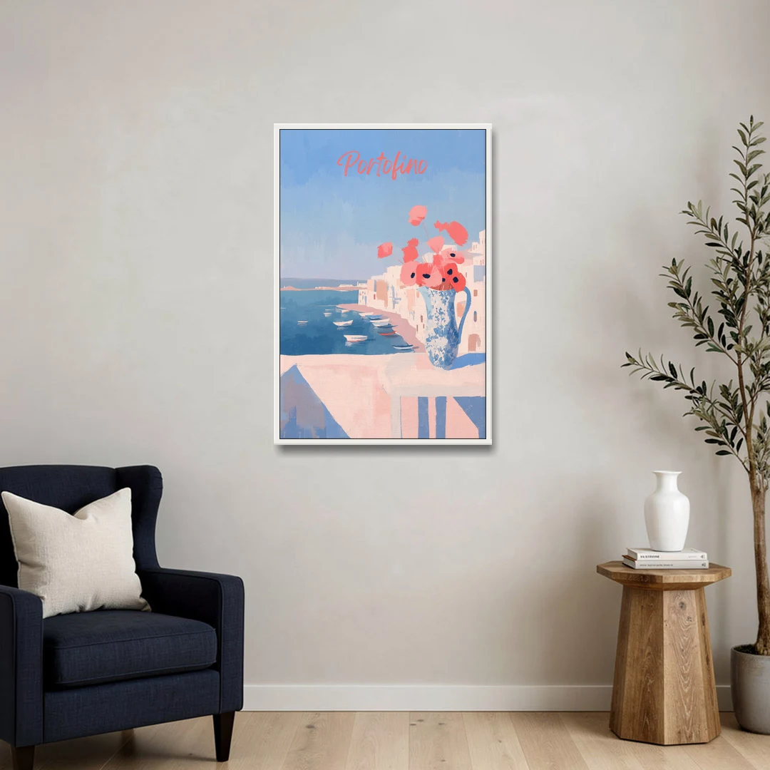 Mediterranean Painting of Poppies in Portofino - White Framed Canvas Wall Art - Sofa - 24x36
