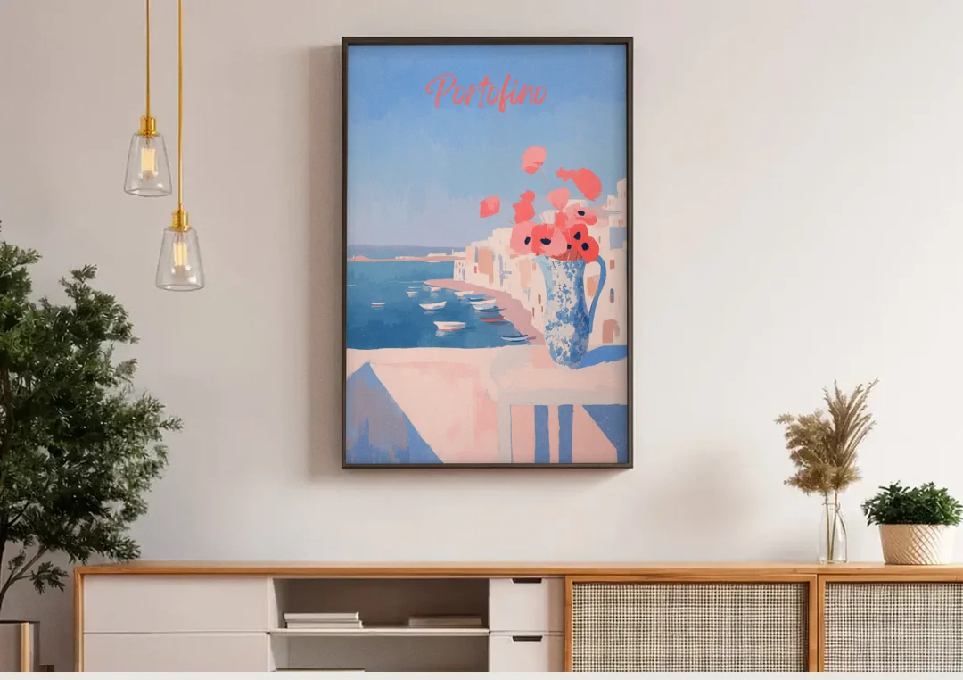 Mediterranean Painting of Poppies in Portofino canvas wall art above a wooden sideboard under pendant lights