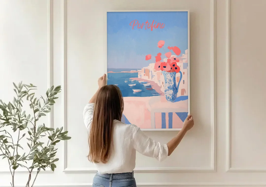 Mediterranean Painting of Poppies in Portofino canvas wall art being hung on a paneled wall