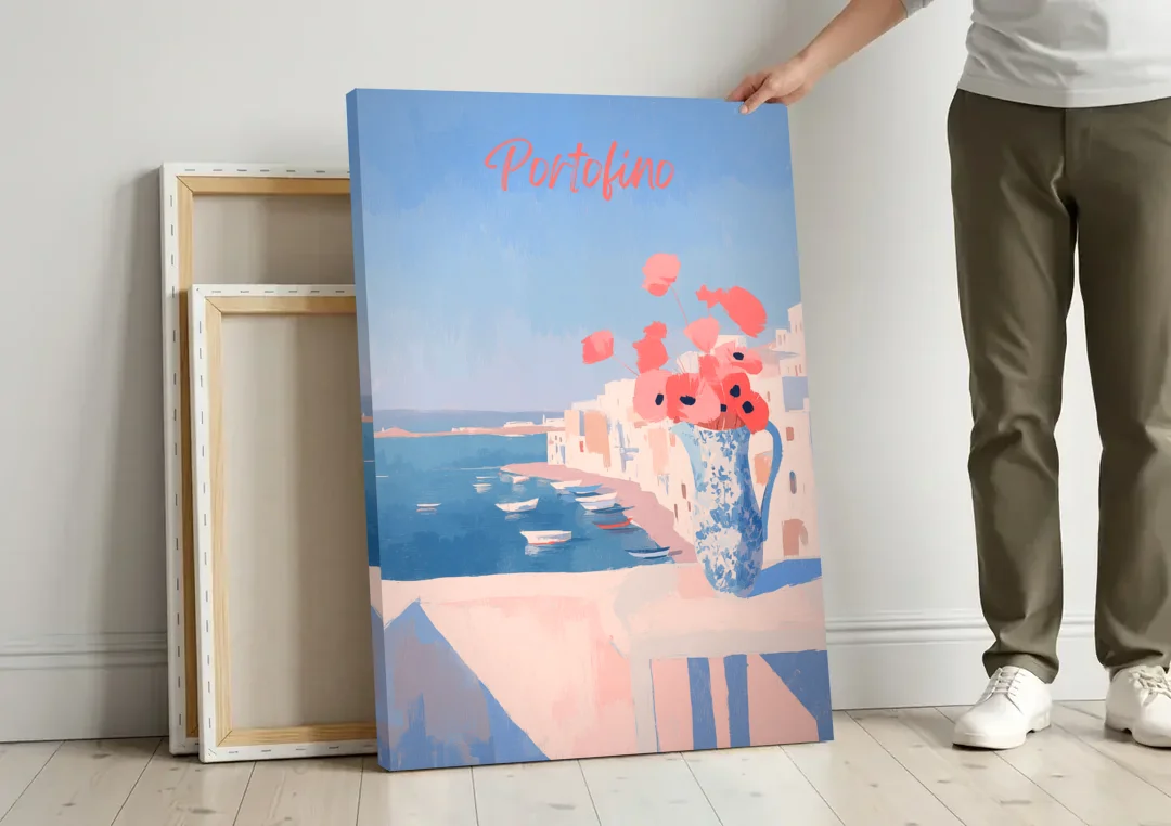 Mediterranean Painting of Poppies in Portofino canvas wall art leaning against a wall next to blank canvases