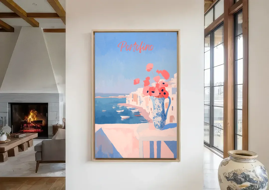 Mediterranean Painting of Poppies in Portofino canvas wall art in a living room with a fireplace