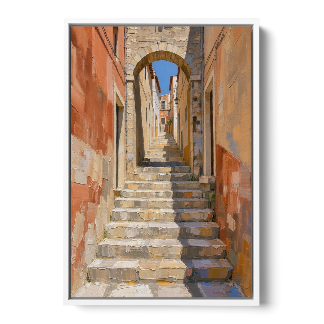 Mediterranean Wall Decor with Sunlit Steps to an Arch - White Framed Canvas Wall Art - Front