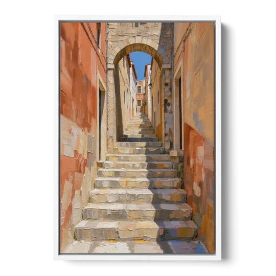 Mediterranean Wall Decor with Sunlit Steps to an Arch - White Framed Canvas Wall Art - Front