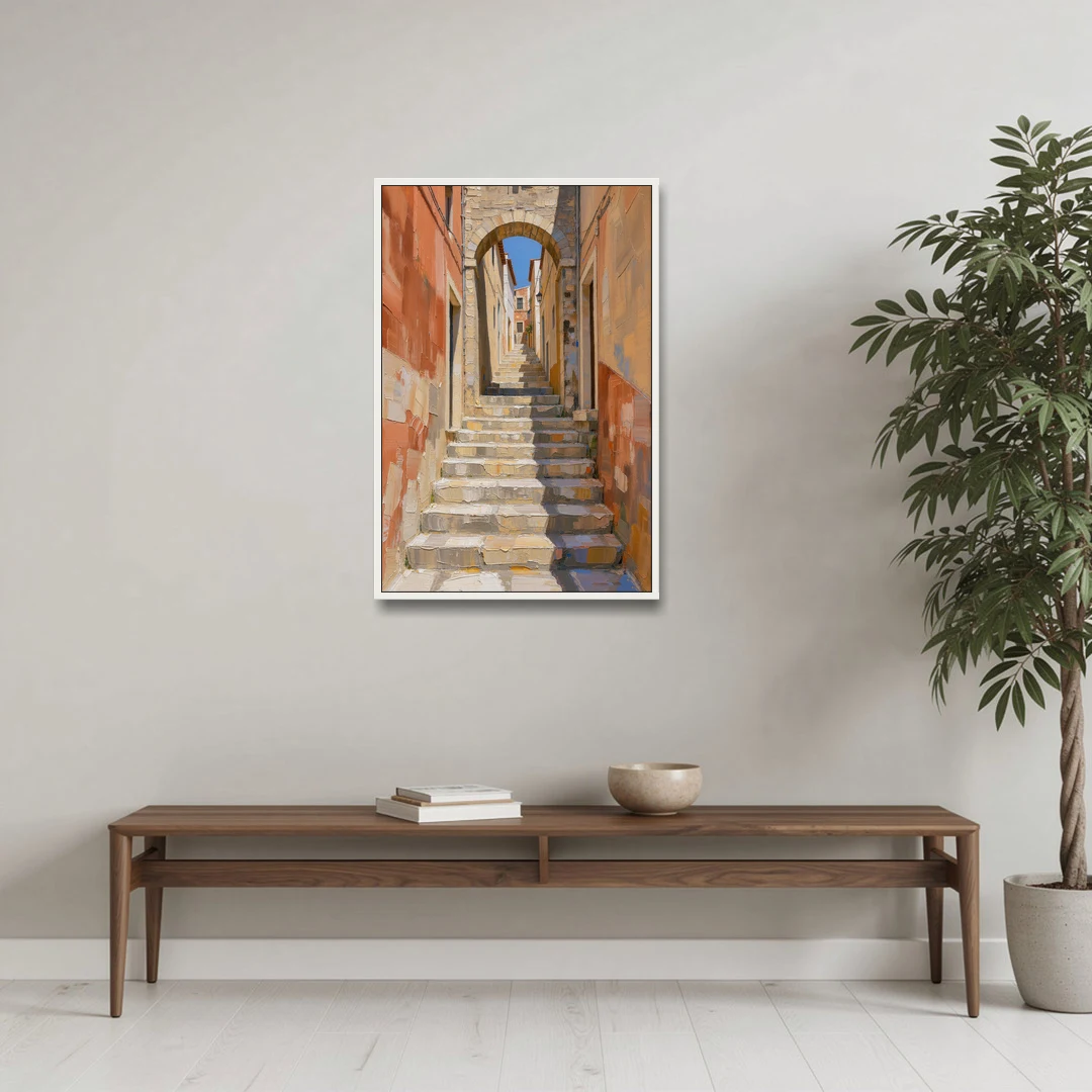 Mediterranean Wall Decor with Sunlit Steps to an Arch - White Framed Canvas Wall Art - Coffee Table - 24x36