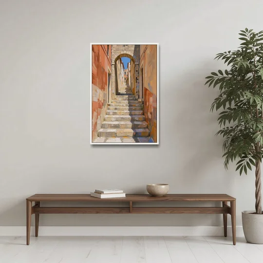 Mediterranean Wall Decor with Sunlit Steps to an Arch - White Framed Canvas Wall Art - Coffee Table - 24x36