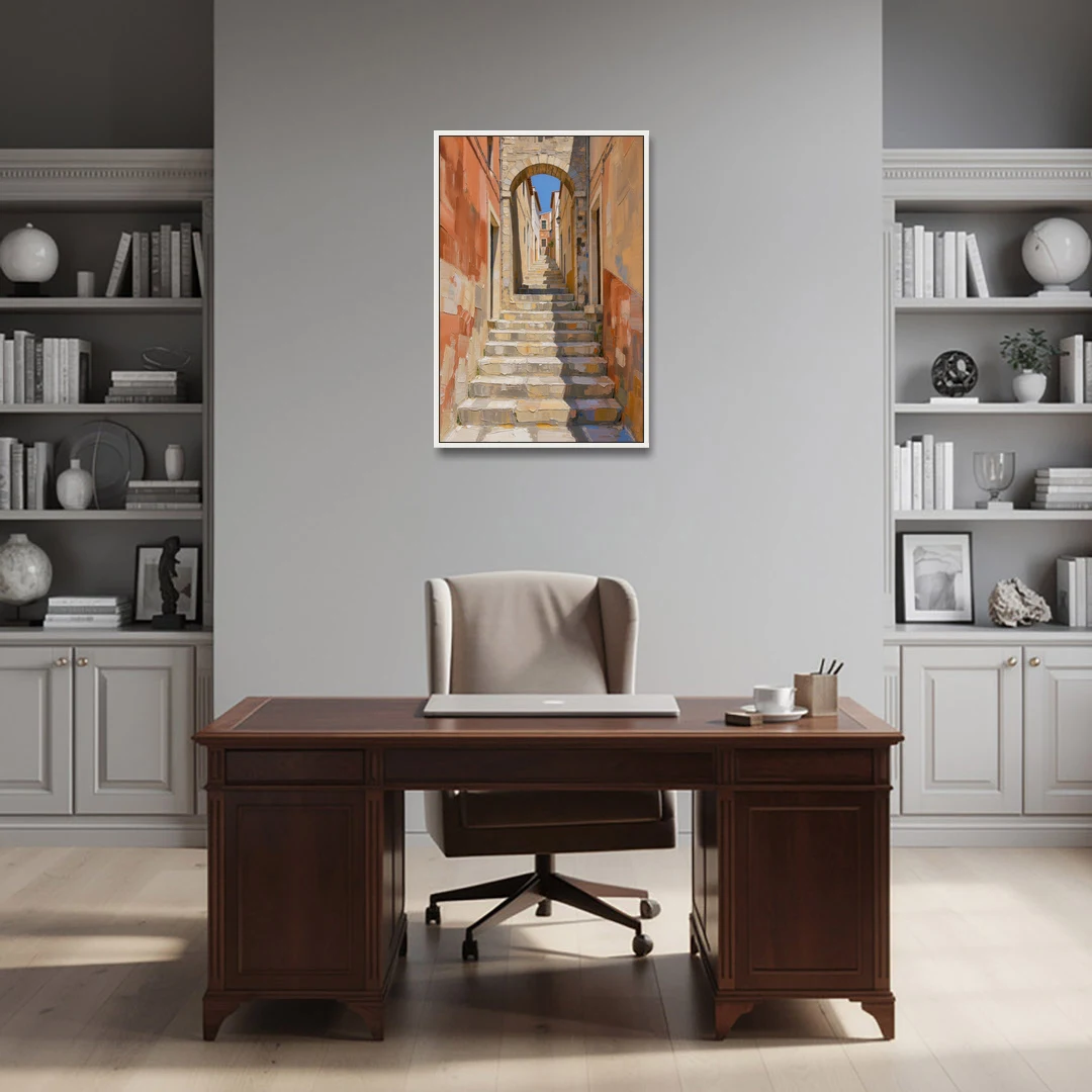 Mediterranean Wall Decor with Sunlit Steps to an Arch - White Framed Canvas Wall Art - Office - 24x36