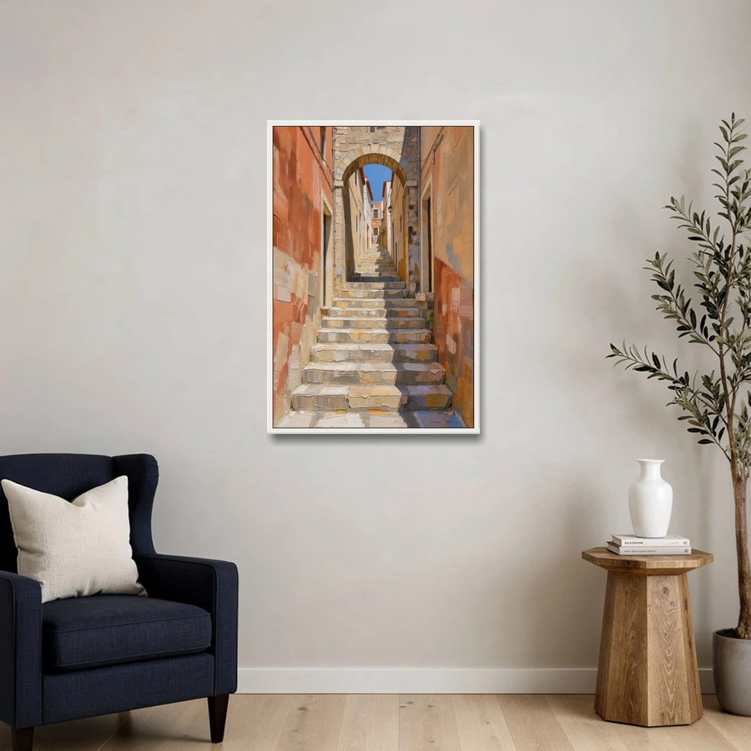Mediterranean Wall Decor with Sunlit Steps to an Arch - White Framed Canvas Wall Art - Sofa - 24x36
