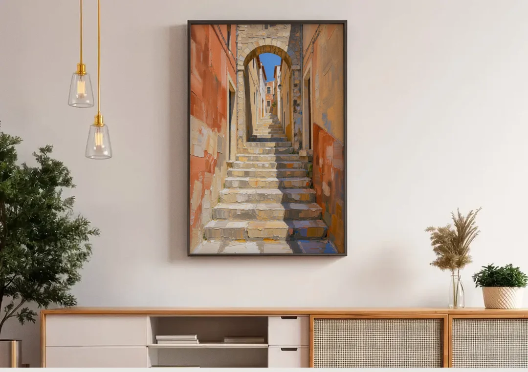 Mediterranean Wall Decor with Sunlit Steps to an Arch canvas wall art above a wooden sideboard under pendant lights