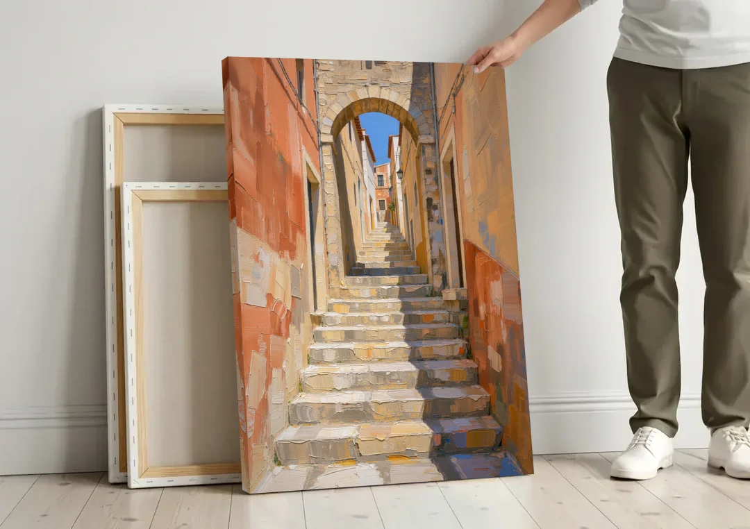 Mediterranean Wall Decor with Sunlit Steps to an Arch canvas wall art leaning against a wall next to blank canvases
