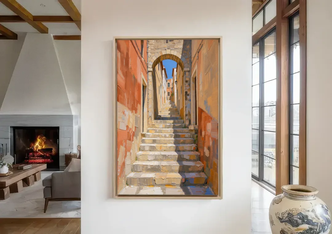 Mediterranean Wall Decor with Sunlit Steps to an Arch canvas wall art in a living room with a fireplace