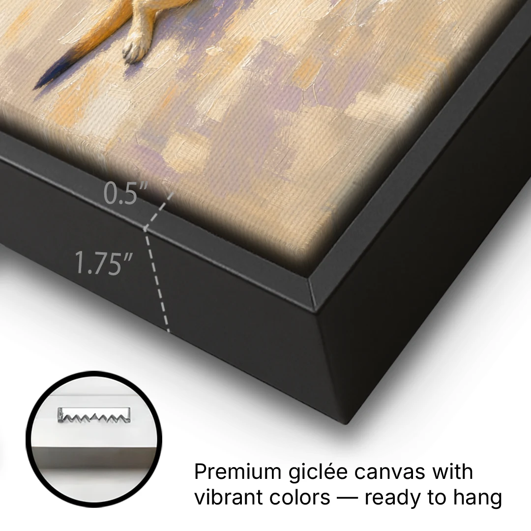 Meerkat Pup Stretched Out in the Warm Sand - Black Framed Canvas Wall Art - Gallery Wrap Corner