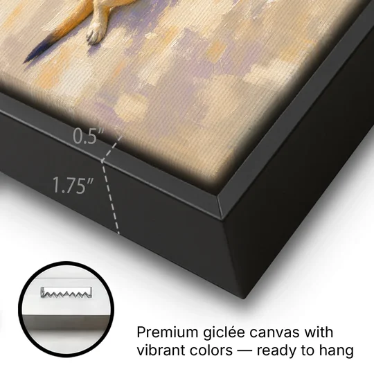 Meerkat Pup Stretched Out in the Warm Sand - Black Framed Canvas Wall Art - Gallery Wrap Corner