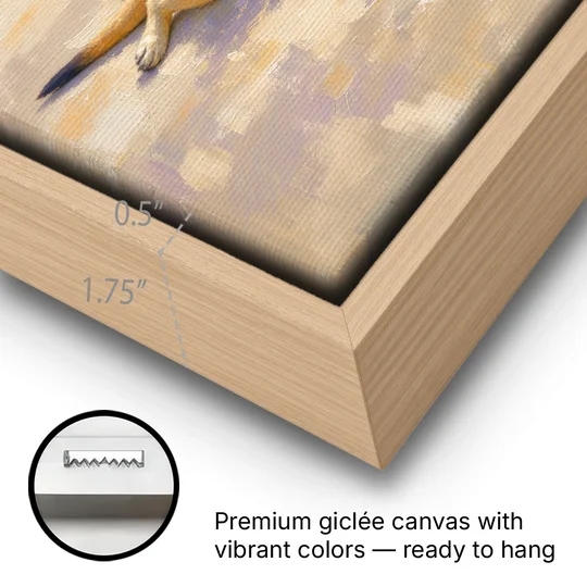 Meerkat Pup Stretched Out in the Warm Sand - Oak Framed Canvas Wall Art - Gallery Wrap Corner