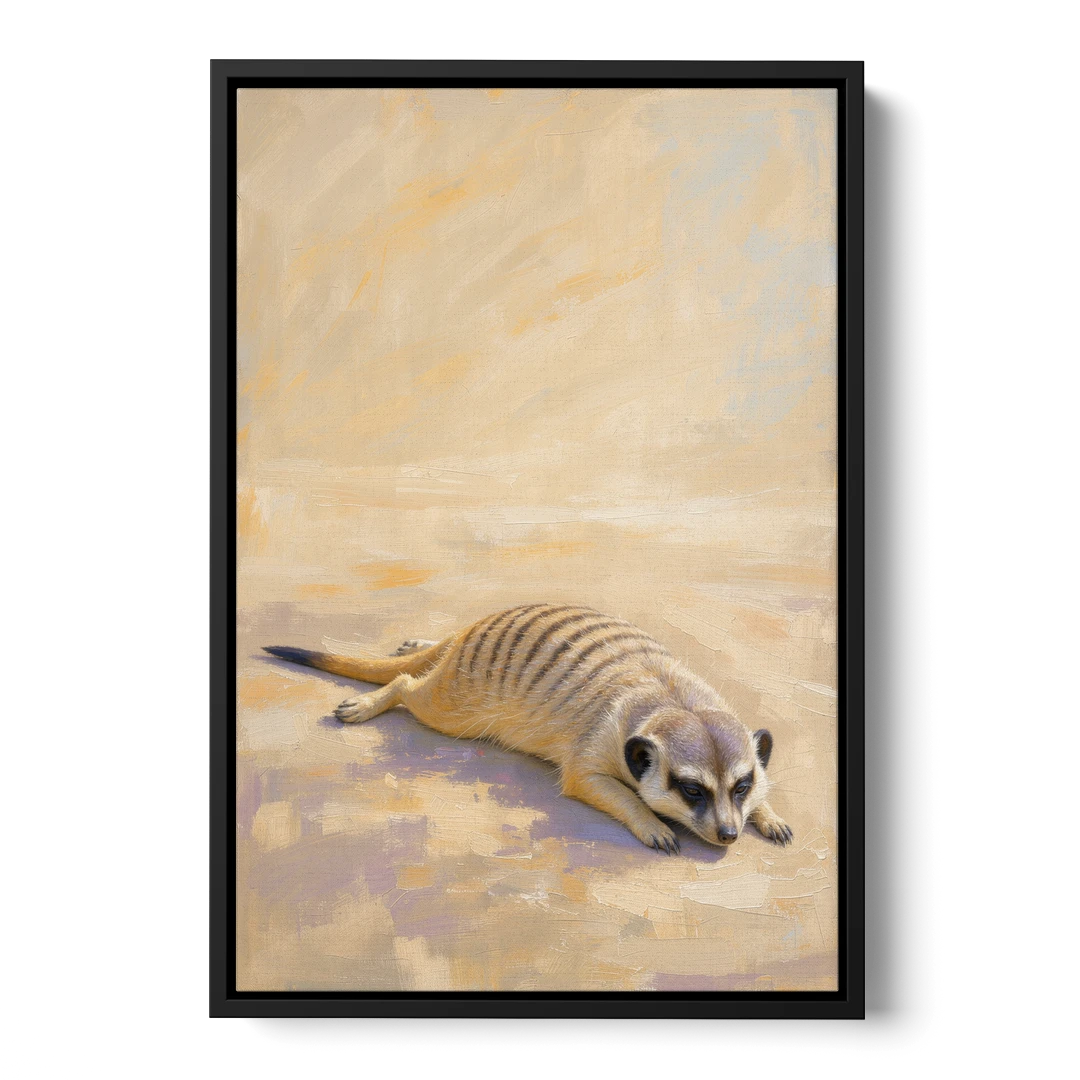 Meerkat Pup Stretched Out in the Warm Sand - Black Framed Canvas Wall Art - Front
