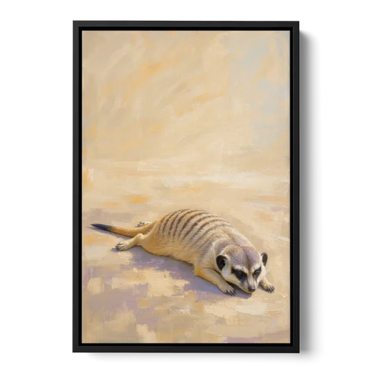 Meerkat Pup Stretched Out in the Warm Sand - Black Framed Canvas Wall Art - Front