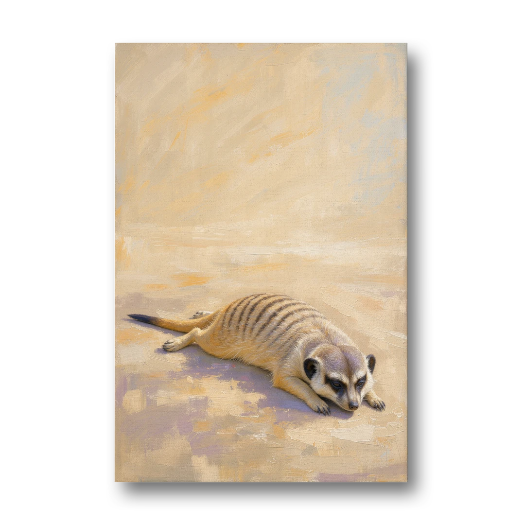 Meerkat Pup Stretched Out in the Warm Sand - Canvas Wall Art - Front