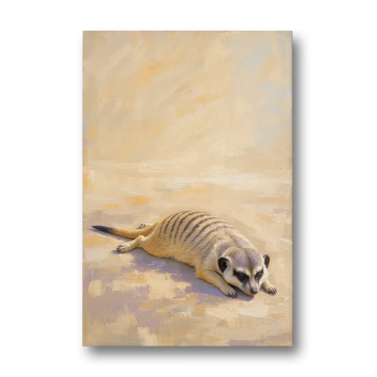 Meerkat Pup Stretched Out in the Warm Sand - Canvas Wall Art - Front