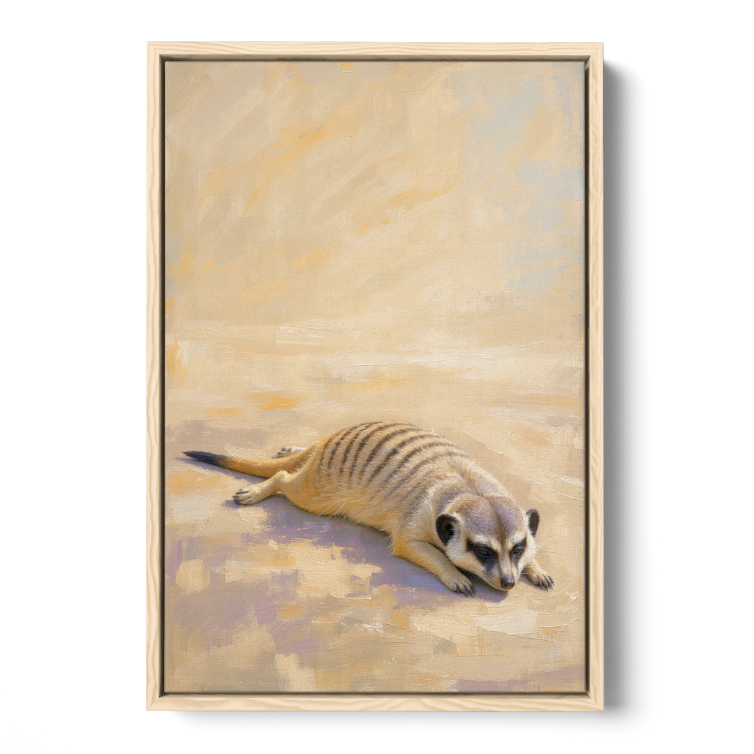 Meerkat Pup Stretched Out in the Warm Sand - Oak Framed Canvas Wall Art - Front