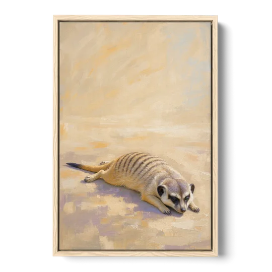 Meerkat Pup Stretched Out in the Warm Sand - Oak Framed Canvas Wall Art - Front