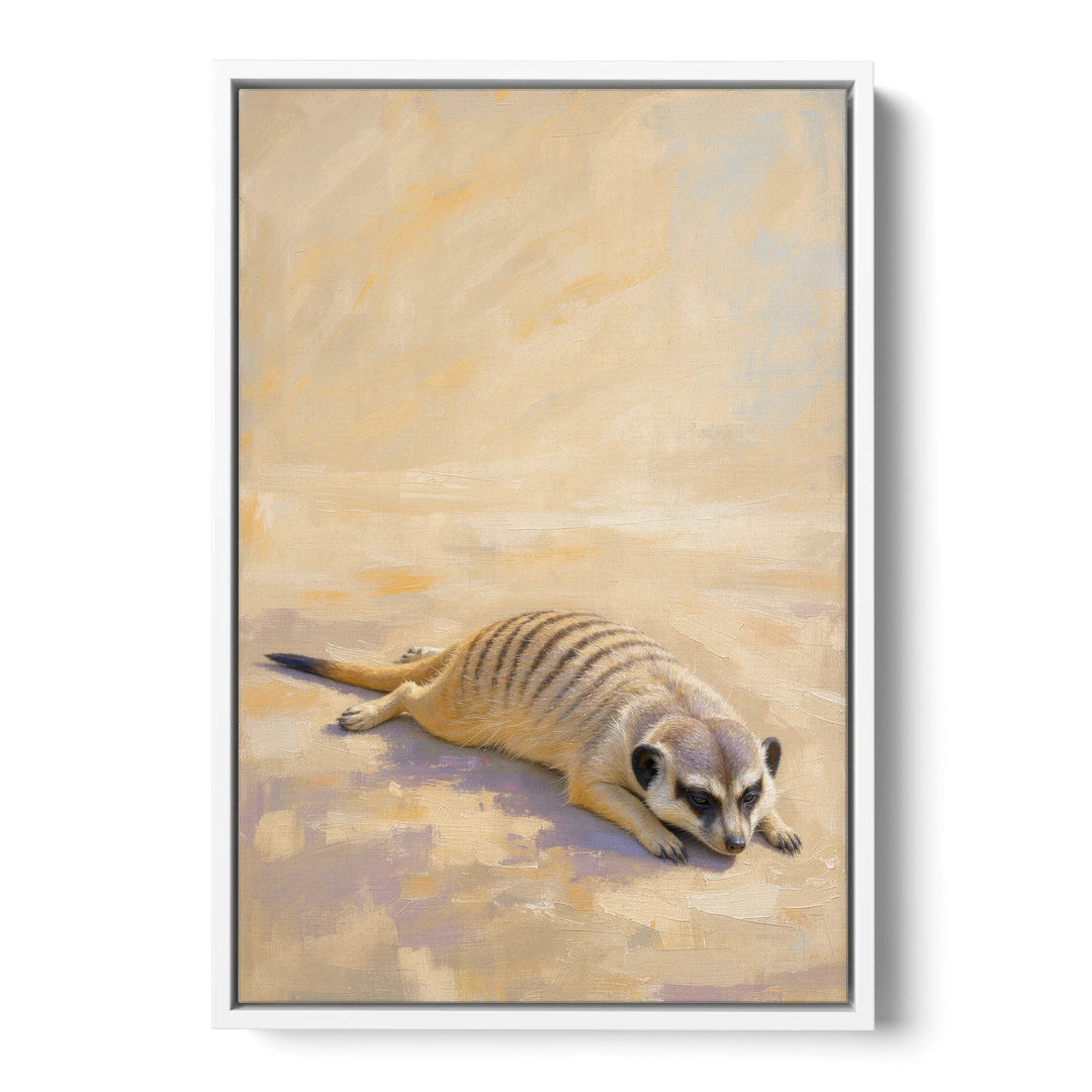 Meerkat Pup Stretched Out in the Warm Sand - White Framed Canvas Wall Art - Front